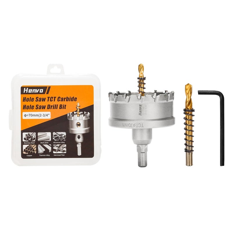 Henvo Hole Saw 2-3/4" (70mm) Heavy Duty Carbide with 2 Pilot Drill Bits - Metal Hole Cutter Cuts Stainless Steel, Iron, Copper, Brass, Plastic - Image 1